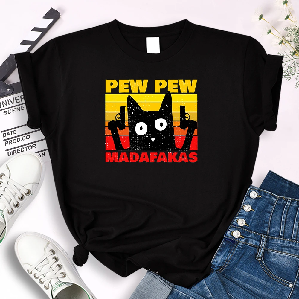 

Футболка женская pew madafakas с рисунком кота, женская футболка свободного покроя в стиле Харадзюку, kawaii с круглым вырезом
