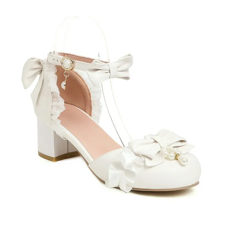 

Large Size Clear Heels Female Sandal Comfort Shoes for Women Round Toe Big Girls Beige Block Low Closed Bow Sweet Butterfly-knot