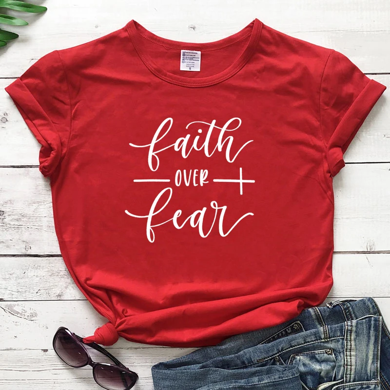 red-white text Faith Over Fear футболка женская модная вдохновленная Религиозная Христианская Церковь топы футболки Повседневная летняя графическая футболка tumblr наряд - Цвет: red-white text