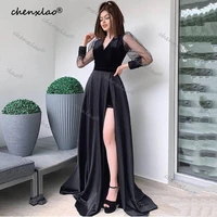 chenxiao black satin velvet evening party dresses long sleeves women formal dress slit ooutfit plus size prom gowns night club