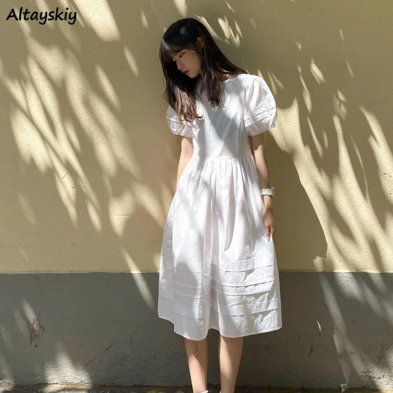 Платья Женские однотонные Ulzzang Простые Летние универсальные с пышными рукавами