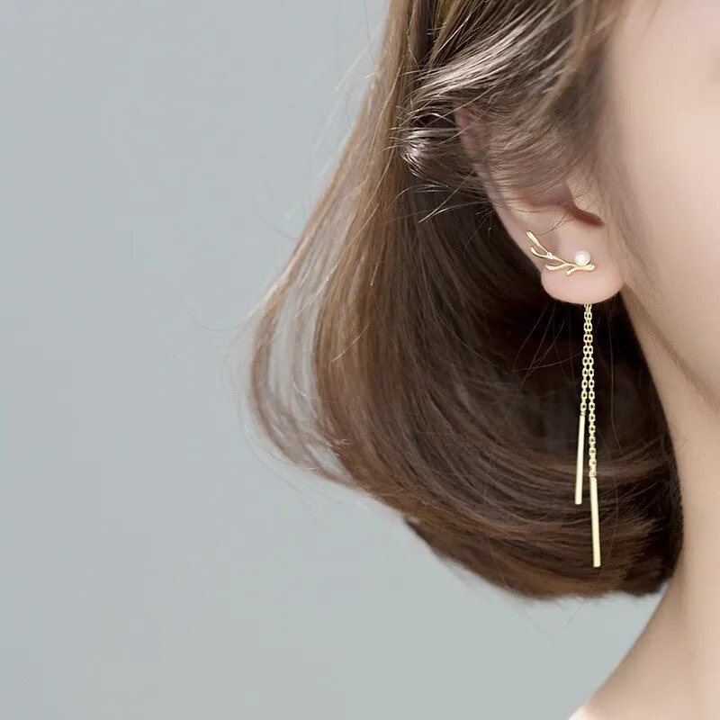 

A00598 Fashion Elk Antlers Pearl Tassel Stud Earrings for Women Real 925 Sterling Silver Asymmetric Jewelry