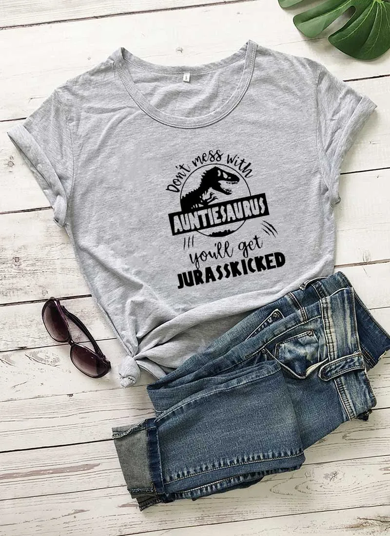 gray-black text Не связывайтесь с AuntieSaurus Новое поступление графическая женская летняя забавная футболка из хлопка Auntie рубашка подарок для тети лучшая тётя когда-либо - Цвет: gray-black text