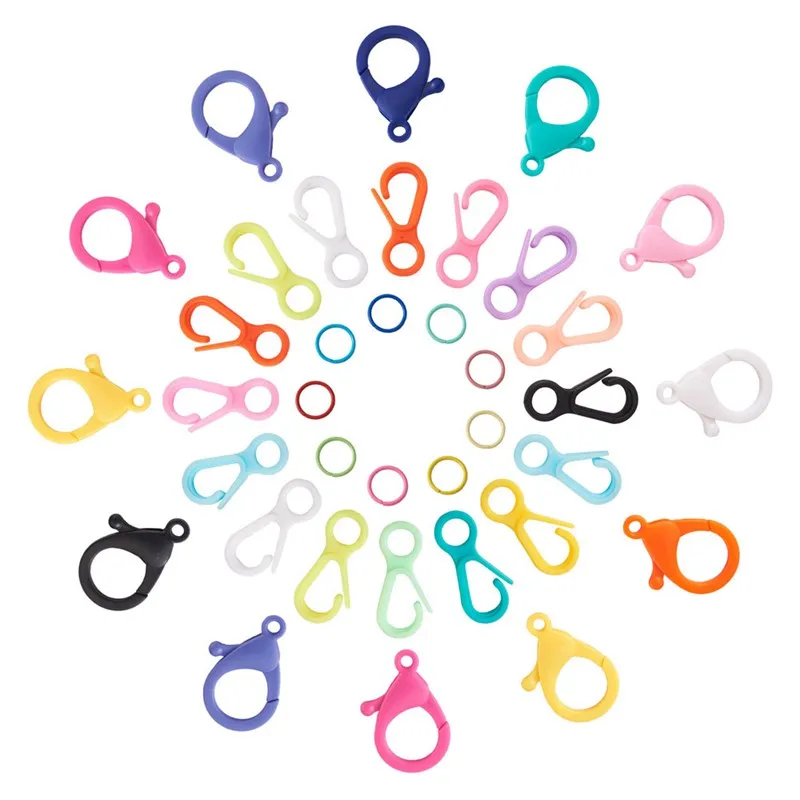 

105pcs Plastic Lobster Clasps Hooks End Connector Buckle Snap Iron Jump Rings Mixed Color for Jewlery Making