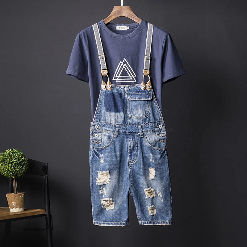 Summer Men's Hole Denim Shorts Straight Bib Jeans Jumpsuits Casual High Quality Hip-Hop Streetwear Tattered Blue Overalls Pants