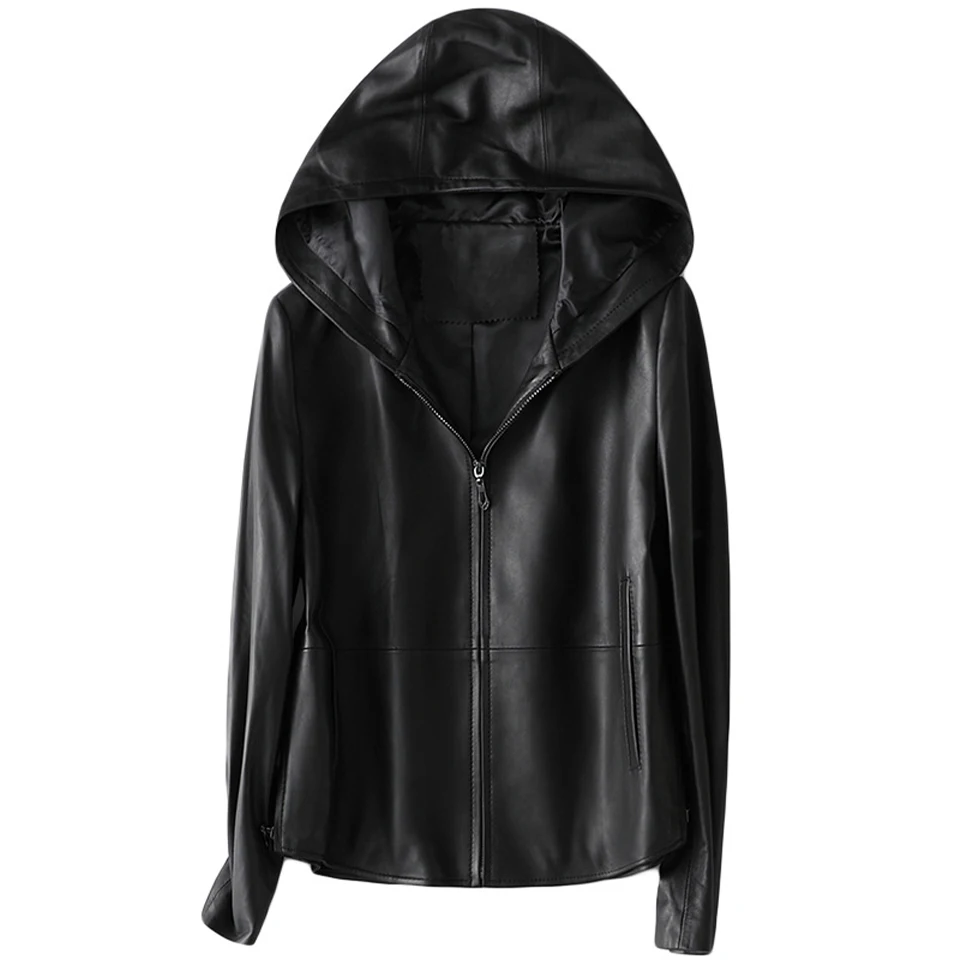 Women's Leather Short Long-Sleeved Hooded Zipper Simple Pockets Soft Women's Sheepskin Jacket Fashion Casual Motorcycle Clothing