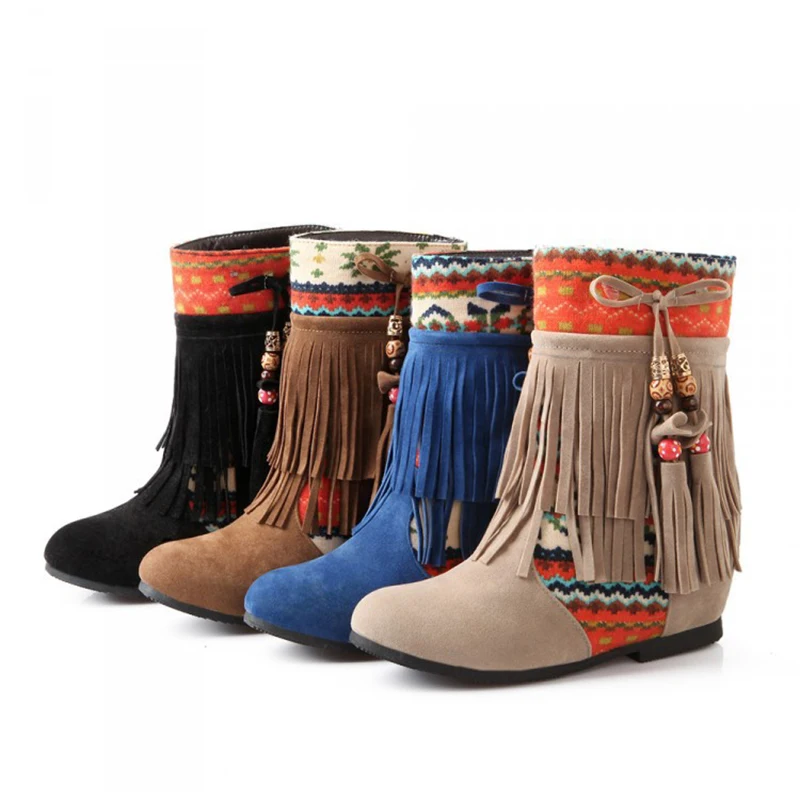 

In The Autumn Of New Folk Style Flat Embroidery Tassel Boots In Increased Size Of Small Size Single Autumn Boots