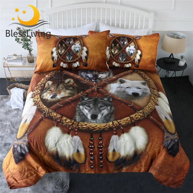 BlessLiving Wolf Quilt Set Dreamcatcher Summer Bedspread Wild Animal Thin Comforter Duvet 3D Print Tribal Blanket Dropshipping 1