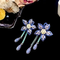 funmode purple flower micro cubic zircon long drop earrings for women big luxury pendant earrings for women wholesale fe318