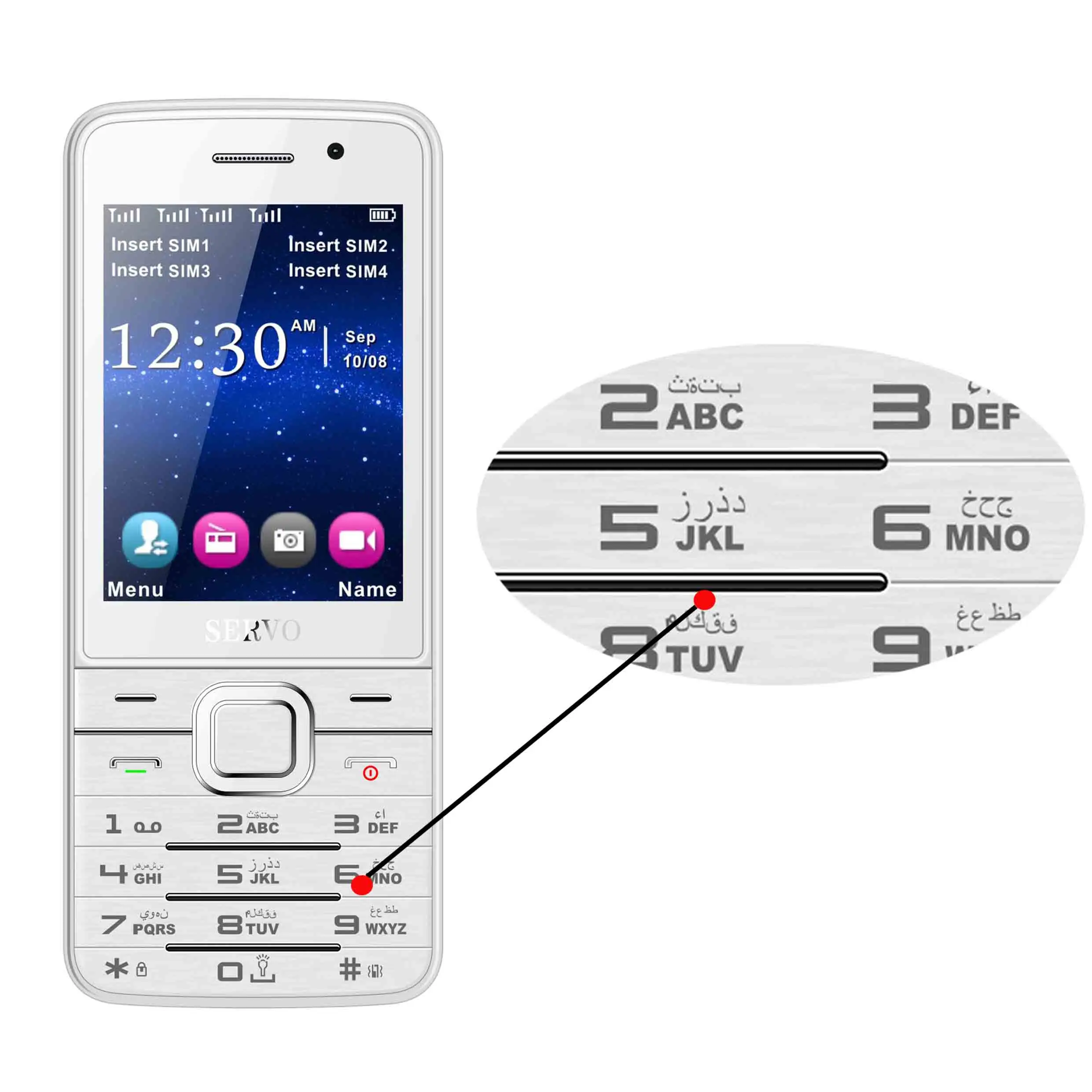 Arabic button White Original Phone SERVO V9500 2.8 inch 4 SIM cards Quad standby GPRS Bluetooth MP3 FM vibration Russian keyboard 2G Mobile phones - Цвет: Arabic button White