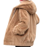 winter commute imitation rabbit fur zipper women hoodie new brown sweatshirt keep warm solid harajuku plus size pullover female