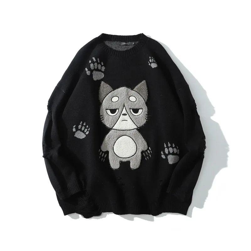 

Guochao ins shoulder broken autumn and winter new cartoon cat couple high street over size casual sweater