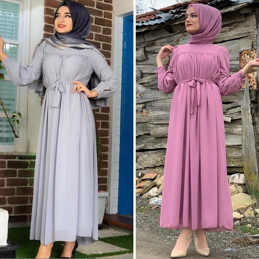 Dubai Kasual Sifon Lengan Panjang Gaun Abaya Arab Maxi Gamis Wanita Muslim Wanita Elegan Gaun Indonesia Timur Tengah Fashion Turki