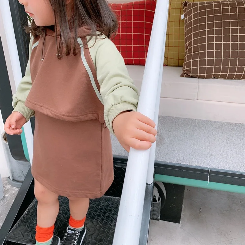 Осень 2019 новинка Топ с длинным рукавом и капюшоном для маленьких девочек + платье