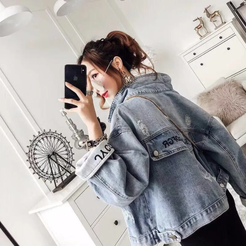 Женская ВИНТАЖНАЯ ДЖИНСОВАЯ КУРТКА короткая джинсовая куртка в Корейском стиле