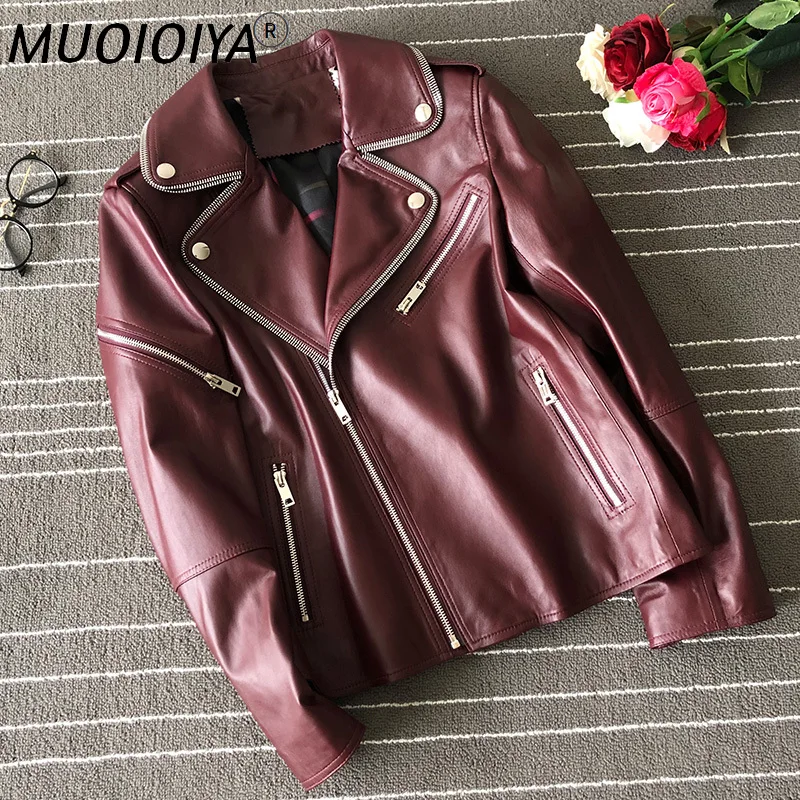 

Genuine Leather Jacket For Women Classic Ladies Moto Biker Jacket 2021 New Spring Autumn Vintage Burgundy Loose Casual Outwear