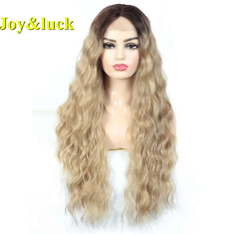 

Длинный парик на сетке спереди Joy & luck, афро кудрявые вьющиеся синтетические парики для женщин, золотой полноразмерный парик с челкой, коричн...