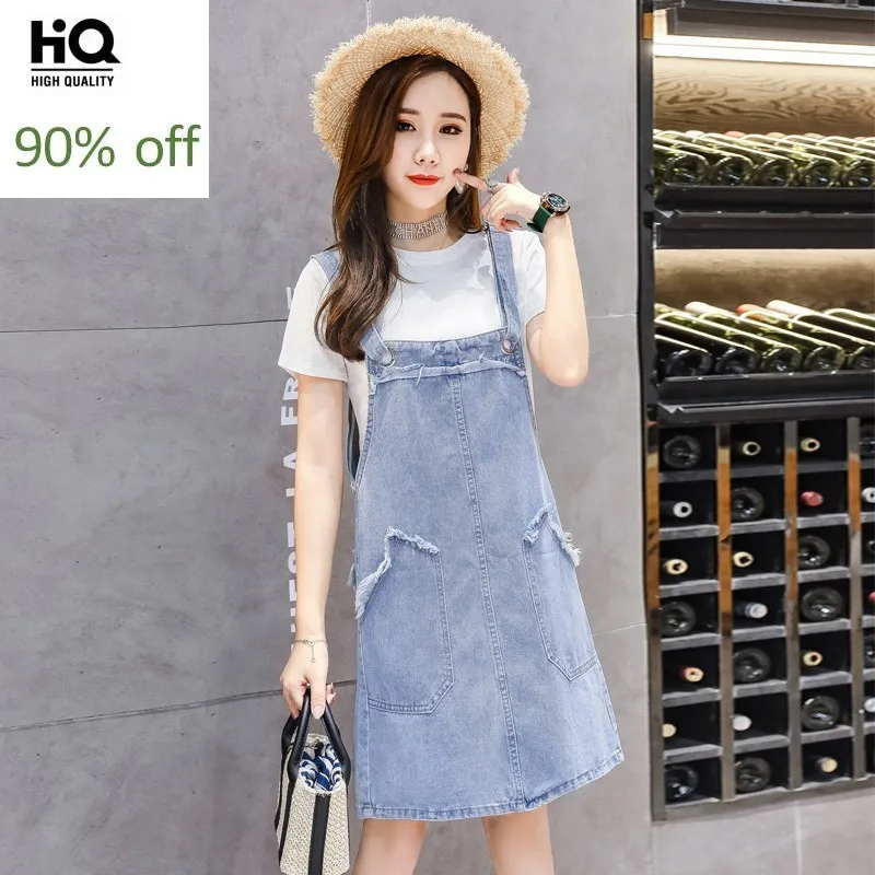 Женское летнее платье на бретельках Kawaii повседневные джинсовые платья подтяжках