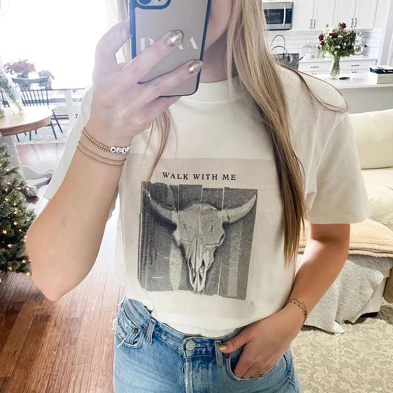 

Футболка Rowling с женским дизайном, хлопковая футболка с коротким рукавом и круглым вырезом, неформальная Ретро футболка с козьей головой, шик...