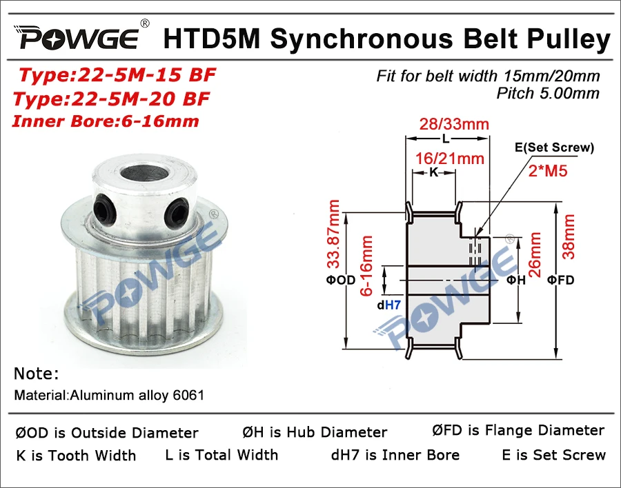 POWGE 22 зубы HTD 5 м Синхронный шкив шпоночным пазом для промышленных ворот диаметр 6/6.