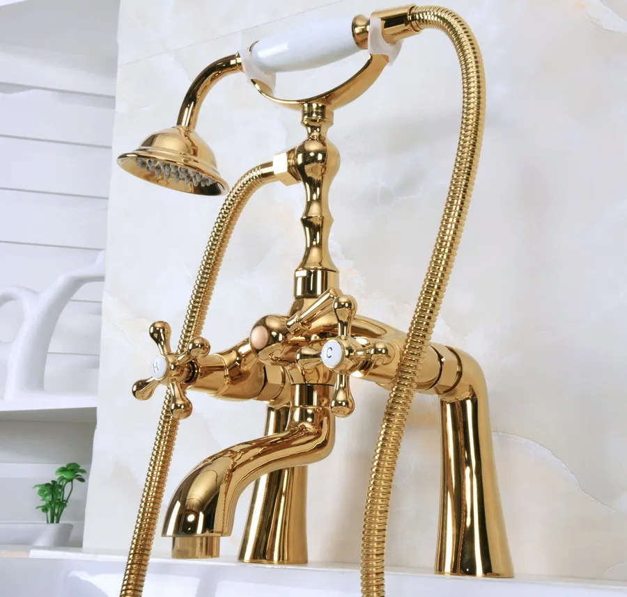 

Polished Gold Color Brass Deck Mounted ClawFoot Bathroom Tub Faucet Dual Cross Handles Telephone Style Hand Shower Head ana146