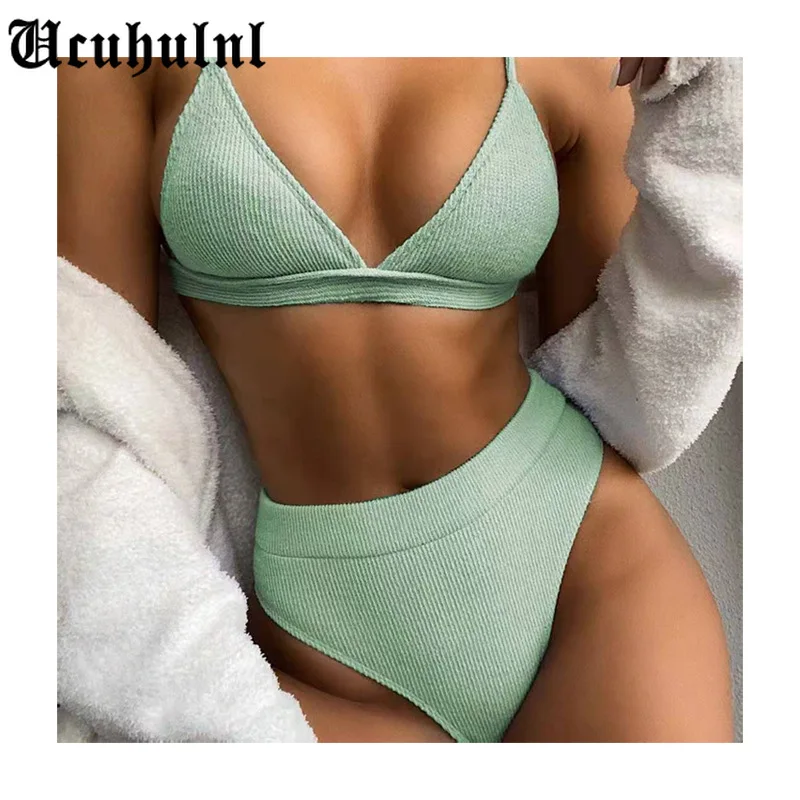 

S-XL Special Fabric Female Swimsuit High Waist Bikini Women Swimwear Two-pieces Bikini set Ribbed Bather Bathing Suit Swim V2328
