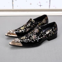 Black Italian Mens Loafers genuine Leather Metallic Toe Mens Glitter Shoes Gold Floral Print Men Wedding dress Shoes Luxury