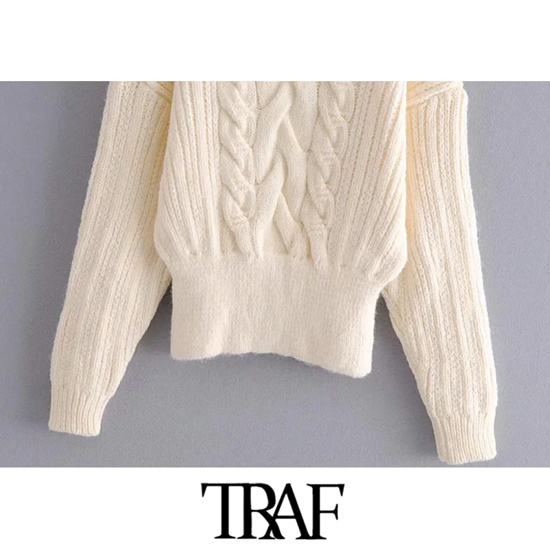 

TRAF Women Fashion With Ribbed Trims Cable-Knit Sweater Vintage O Neck Long Sleeve Female Pullovers Chic Tops