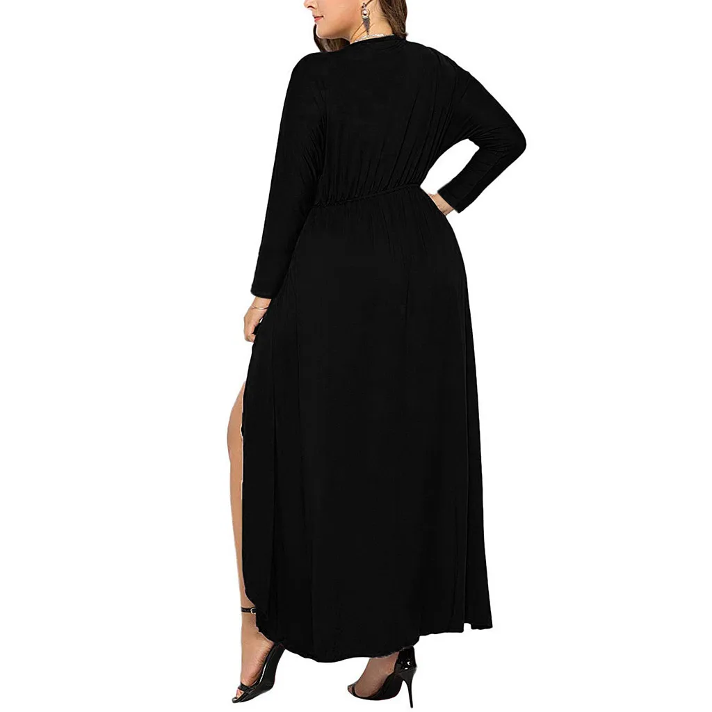 

Women Autumn Dress New Casual Plus Size V-neck Solid Color Long-Sleeved Asymmetric Plus Size Dress F40