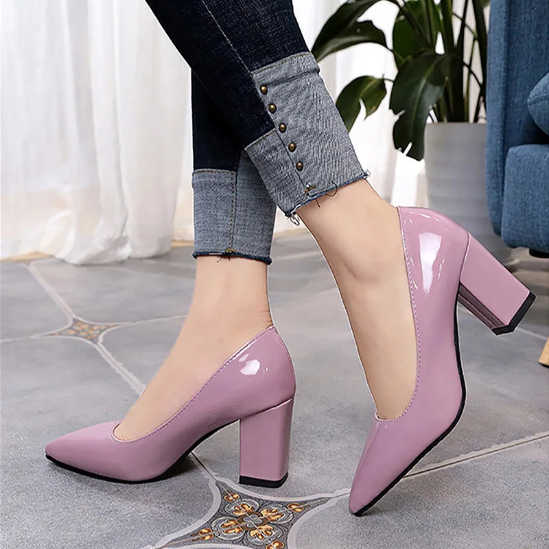 2020 женские Лакированная кожа туфли лодочки женская обувь с квадратным каблуком