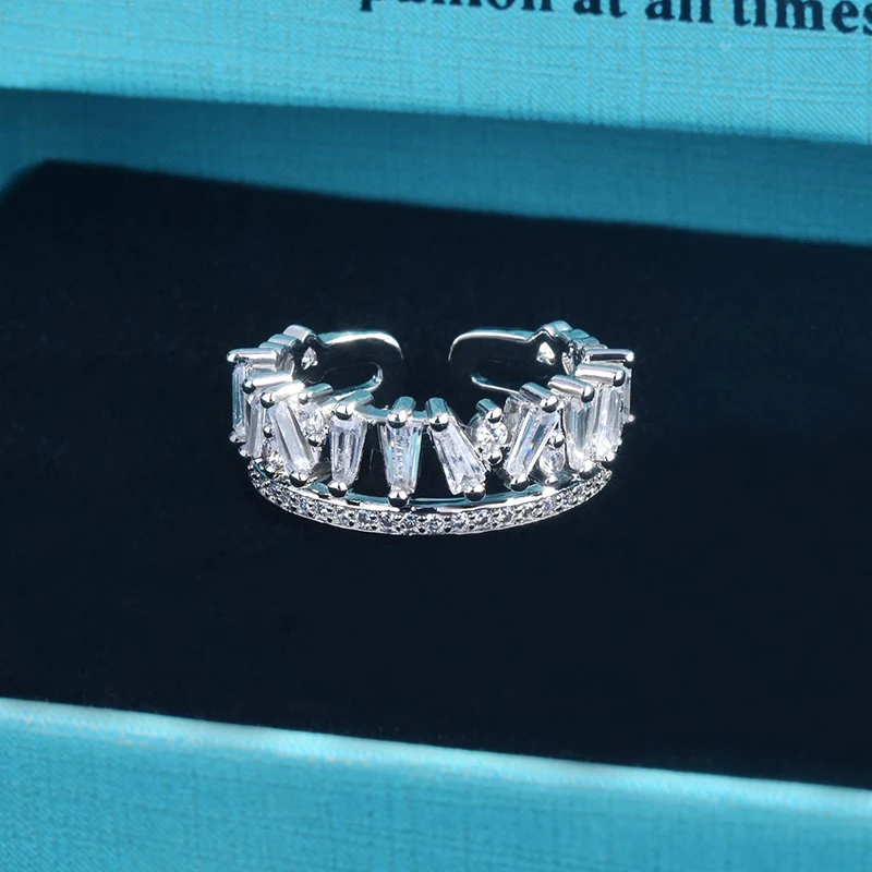 

New Luxury Stainless Steel Shine Zircon Opening Rings For Women Silver Color Adjustable Female Jewelry Engagement Party Gifts