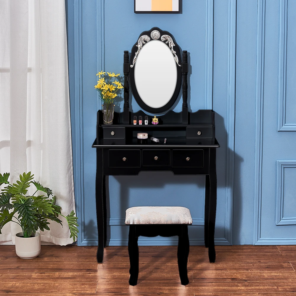 

Retro Solid Pinewood Makeup Dressing Table set for mom and daughter , Carved Drawers, Adjustable Mirrors Black