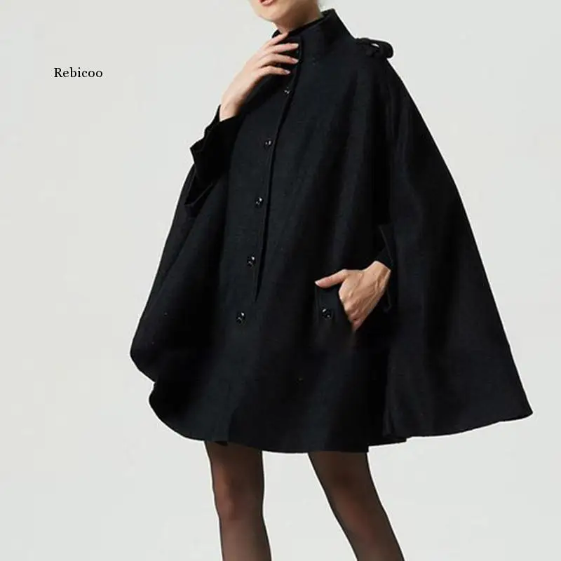 

Women Wool Cape Coats Button Loose Casual Outerwear High Street Stylish Autumn Winter Warm Overcoat Female Black Top Coat