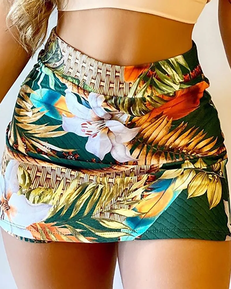 

Zoctuo Off Shoulder Two Piece Set Outfits Hollow Out Women'S Set Crop Top Print Mini Skirt Set Suit Fashion Women Tracksuit