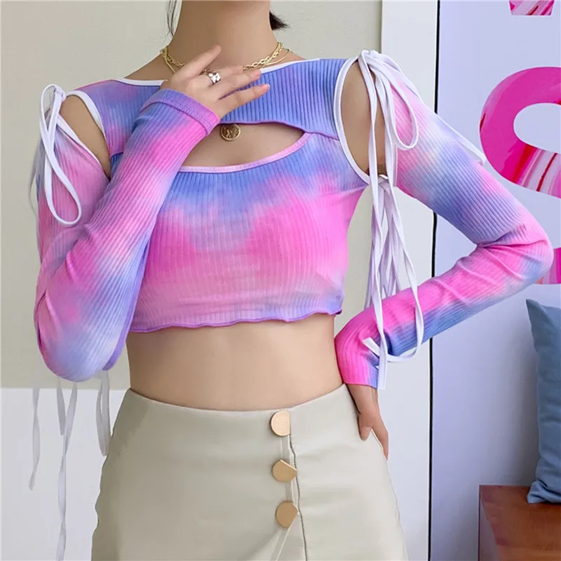 

Summer sexy short Tees T-shirts Women's T-shirts Fashion tie-dye tight hollow lace-up T-shirts Women Long Sleeve T shirts