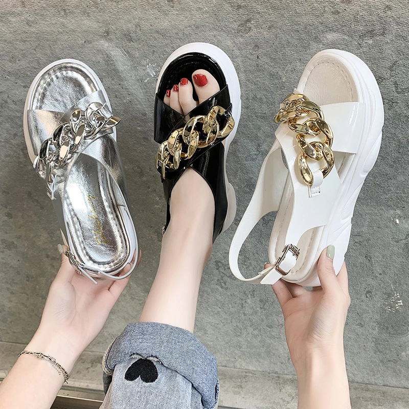 

Summer Women Sandals Fashion Chain Design Buckle Outdoor Thick Bottom Non-slip Solid Color 2021 Sandy Beach Casual Woman Shoes