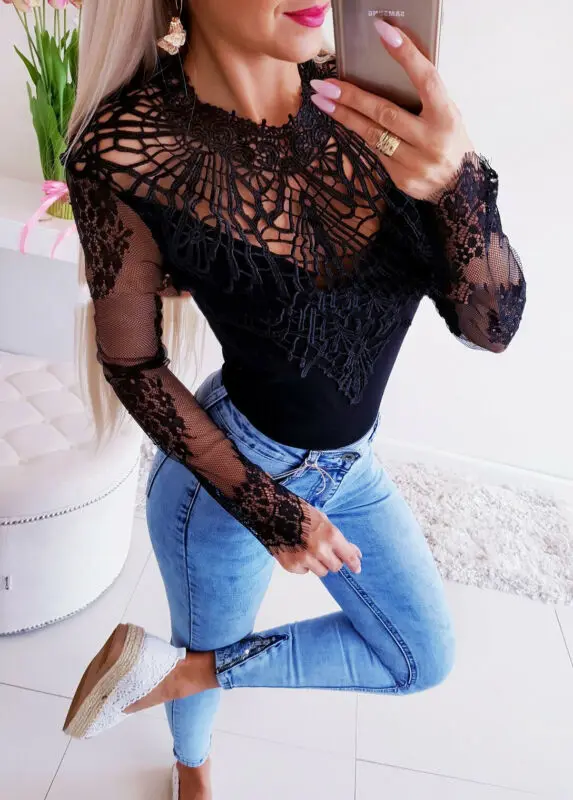 Женская кружевная блузка с длинным рукавом цветочным принтом | одежда