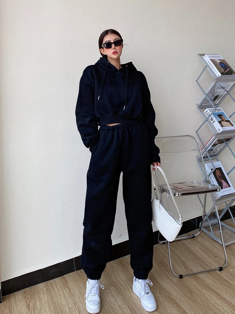 

TVVOVVIN American Trendy Sports Suit Women's Languid Plush Hooded Sweatshirt + Loose Legged Pants Casual Trousers 9XJB