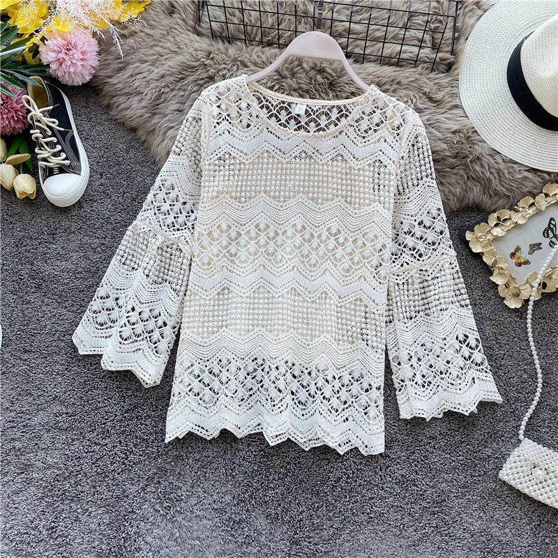 Женская блузка с длинным рукавом элегантная кружевная круглым вырезом и