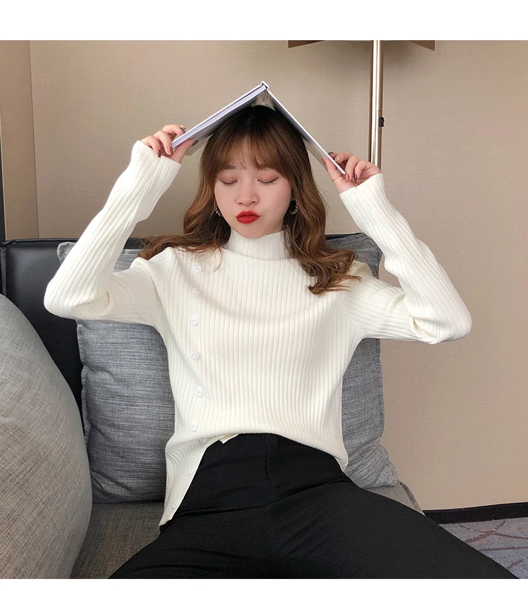 

Half High Neck Pullover Sweater Ladies Autumn Korean Loose Button Vertical Pattern Side Slit Fashion Warm Sweater 7 Colors