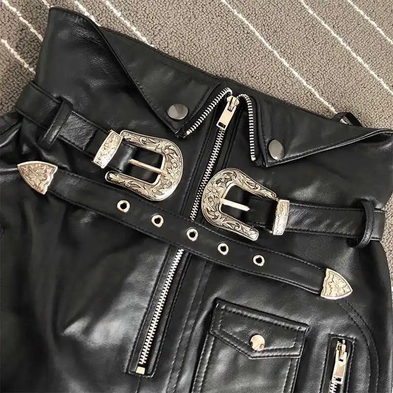 

New high arrival quality women's leather skirts 2021 Fall sheepskin real leather belt skirts Chic high-waist A-line Skirt A595