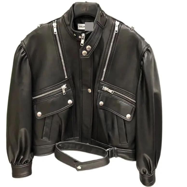 Chaqueta de cuero auténtico para motocicleta, abrigo de piel de oveja importada de Nueva Zelanda con mangas de burbujas