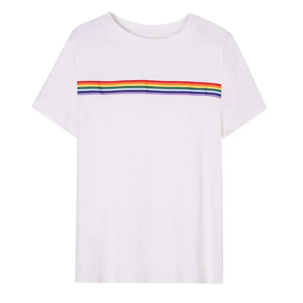 White 20# женские летние полосатые футболки с радужным блоком для школьниц и подростков Modis Эстетическая футболка femme camiseta mujer - Цвет: White
