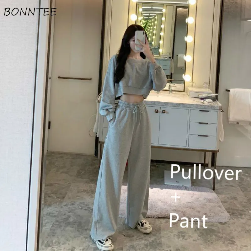 

Women Sets 2 Piece Short Solid O-neck Hoodies Ankle-length Loose Elastic Waist Casual Wide Leg Pants Hooded Zipper Thin Harajuku