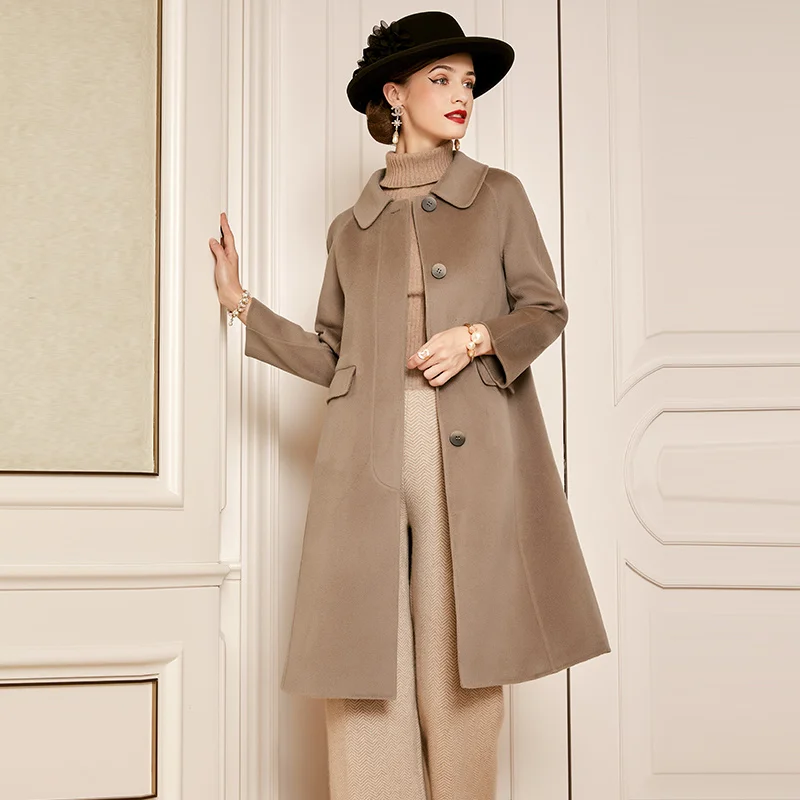 

SHZQ 2021 Autumn and Winter New Double-sided Cashmere Coat Women's Long Knee Length Korean Version Wool Doll Collar Wide Tweed C