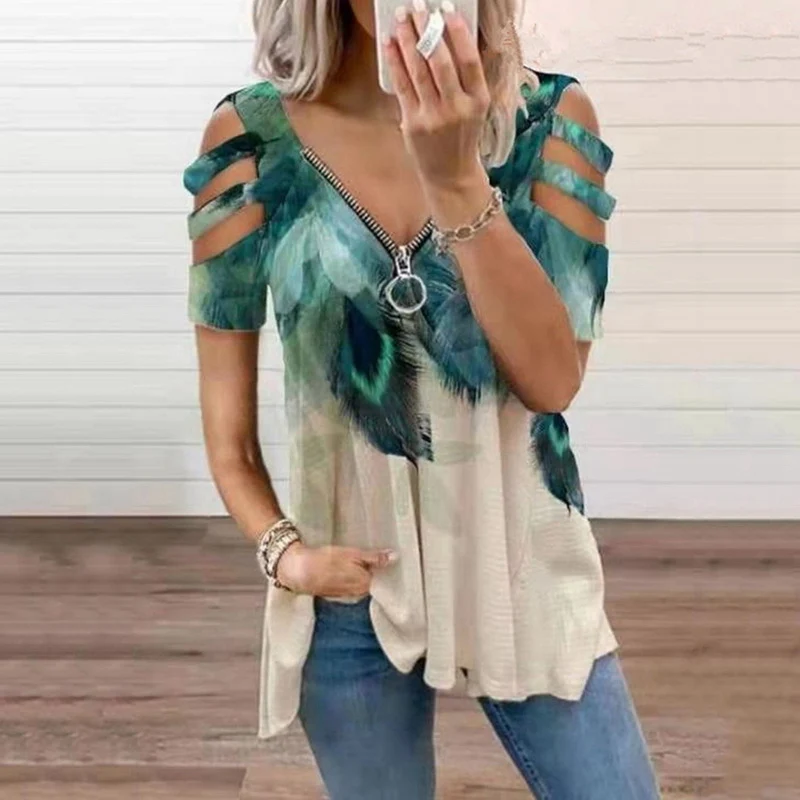 

Muyogrt Loose Casual Printing T-shirt Zipper Top Summer Women's Short-sleeved V-neck Top Fashion Trend T-shirt Shirt Plus Size