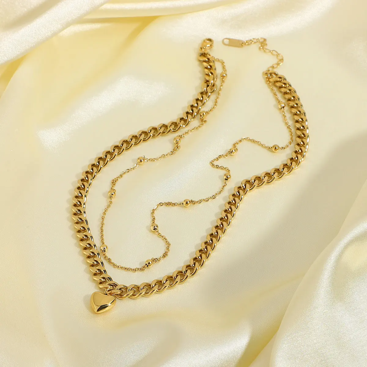 

14K Gold Plated Thick Cuba Chain Heart Pendant Necklace Double Stainless Steel Chain Hip Hop Choker Necklaces Short Clavicle