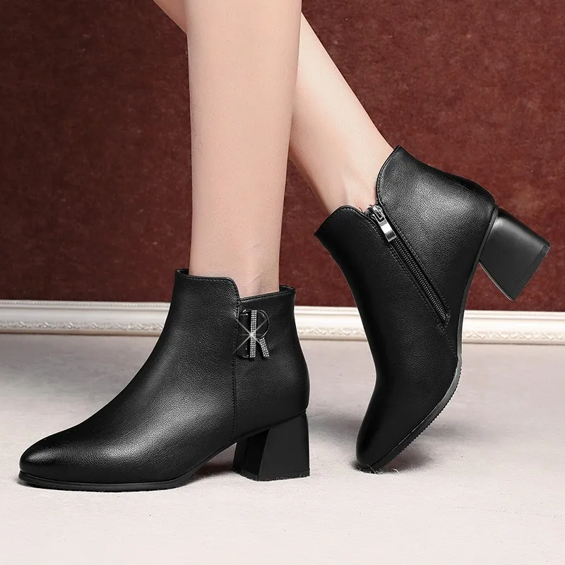 

White Black Women Boots Comfy Square High Heel Ankle Boots Fashion Pointed Toe Zipper Boots Autumn Winter Ladies Shoes 2021