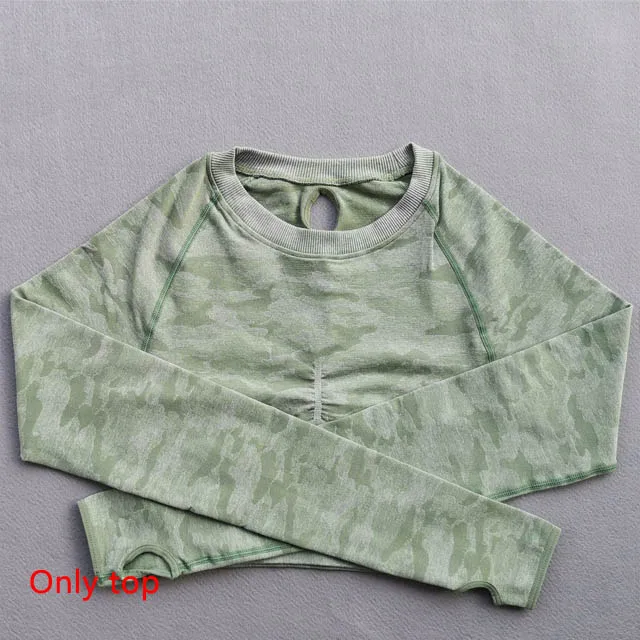 Green Shirts 3 шт., камуфляжный бесшовный комплект для йоги, леггинсы с высокой талией, спортивный бюстгальтер с длинным рукавом, укороченный Топ для женщин, одежда для бега, спортивный костюм для фитнеса - Цвет: Green Shirts