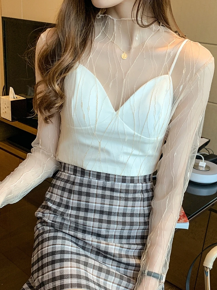 

Summer Korean Fashion Mesh T-shirts for Women Vintage Lace Tops for Women Plus Size XXXL White Transparent Office Lady Shirts